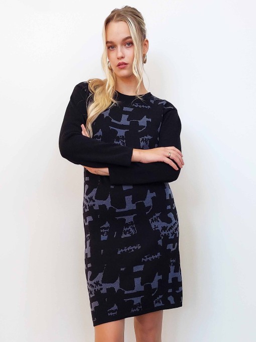 Vivika black dress with dark violet graphic pattern